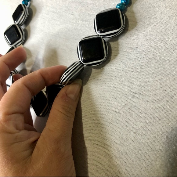 Handmade Metallic Turquoise and Black/White Necklace Medium Length - Picture 3 of 8